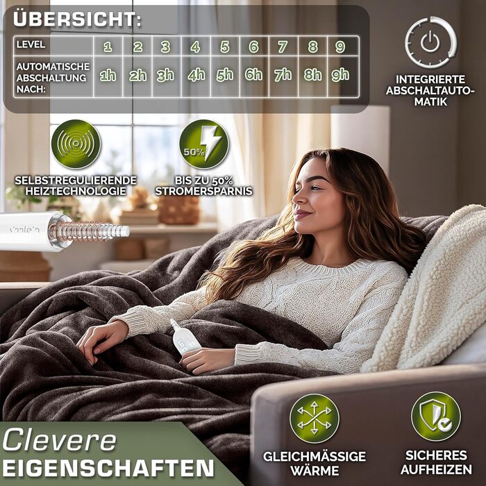 Електрична ковдра Sinnlein® з автовимкненням 200x180 см | 9 температурних режимів | Ковдра для ліжка та дивана | Таймер, цифровий дисплей, світло-коричнева