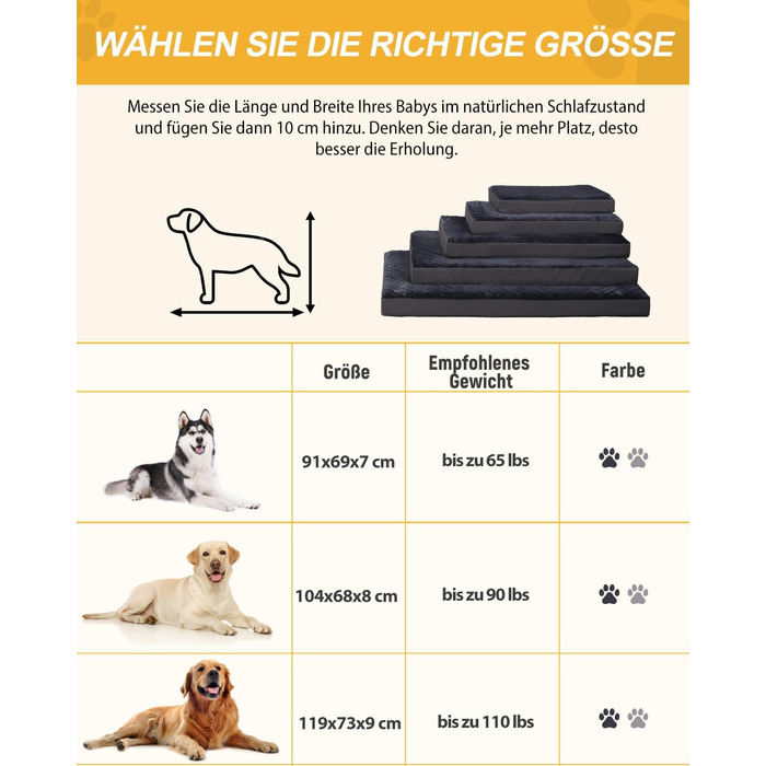 Favodormir Orthopedic Dog Bed, Dog Cushion, Extra Large (XXL) for Large Dogs, with Washable, Removable Cover, Outdoor Dog Mat, Dog Basket, Dog Mattress for Large Dogs, 119x73x9cm Dark Grey