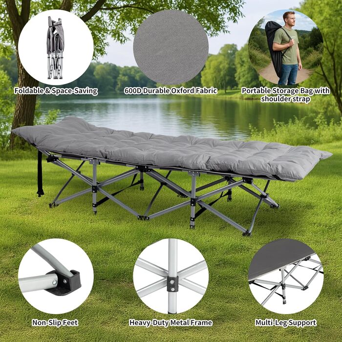 Ліжко складане кемпінгове LEADZM з матрацом, сталевий каркас 190x71x36 см, сіре - для дому, природи, подорожей