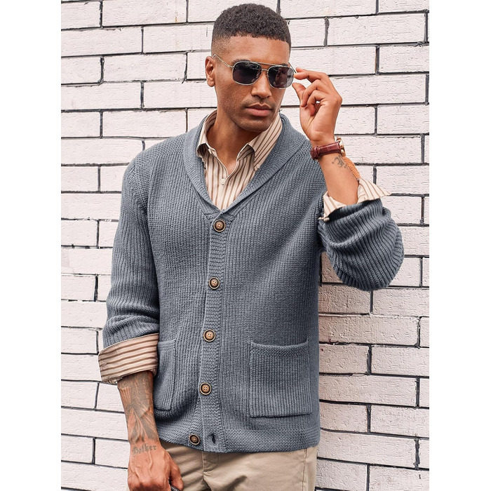 Чоловіча в'язана куртка Runcati з коміром-шарфом, візерунок коси, ґудзикова застібка, зимова, велика в'язана з кишенями, сірий XL