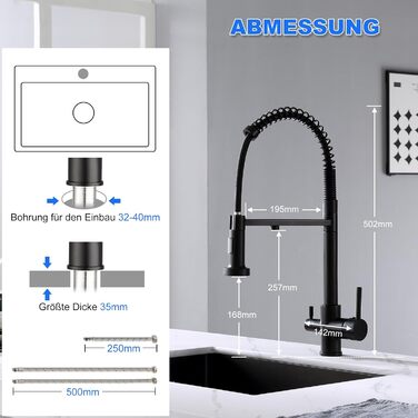 3-х стороння кухонна змішувач з поворотним гусаком 360°, 2 функції (з душем), 3 в 1, для фільтрів, з нержавіючої сталі та латуні, чорний