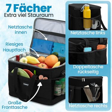 Термосумка HELDENWERK 40л, велика, складна – ізотермічна сумка для пікніка, ланчу, з 7 відділеннями, витримує до 12 годин, водовідштовхувальна, чорна
