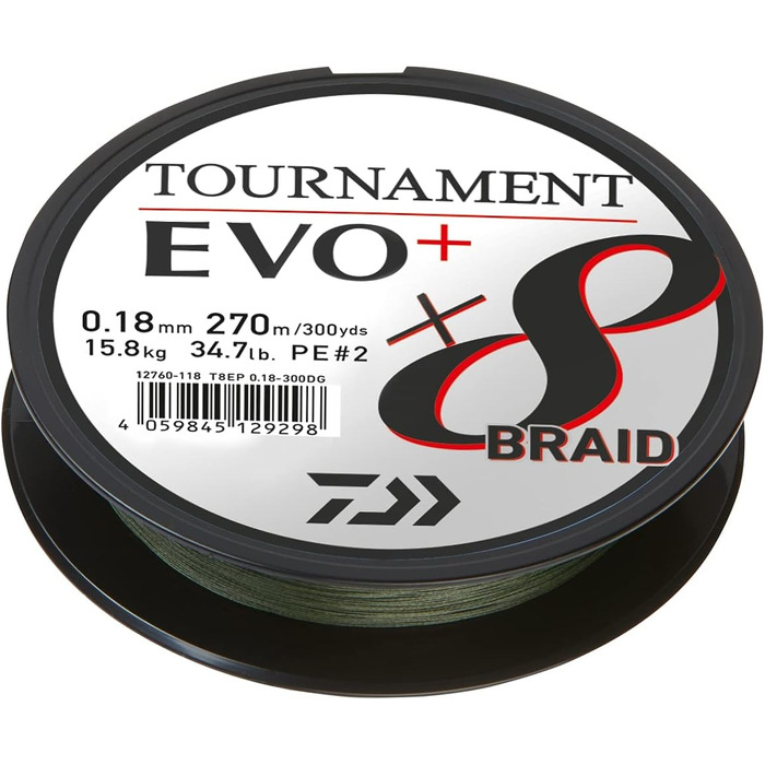 Плетена рибальська ліска Daiwa Tournament x8 EVO+ 135 м, темно-зелена