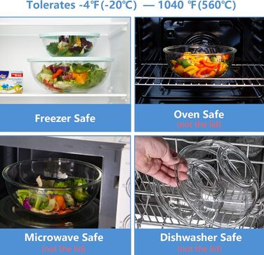 4-Piece Glass Bowl Set with Lids, Glass Mixing Bowl Set (3.5L, 2.0L, 1.0L, 0.5L), Large Salad Bowl with Lid, Oven, Microwave and Dishwasher Safe