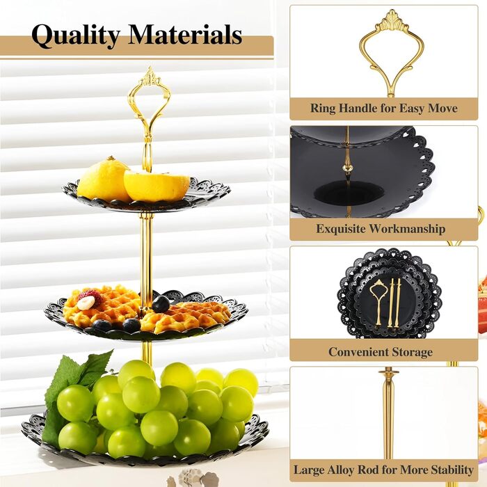 Трирівнева підставка для капкейків, десертів, фруктів, печива, цукерок. Підставка для сервірування на вечірку, весілля, день народження, дитячий свято (пластик, чорний та білий)