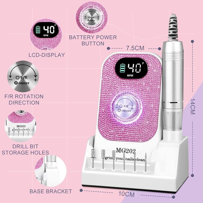 Електричний апарат для манікюру та педикюру Nagelfräser 12в1 з алмазним набором для гелю та акрилу, 40000 об/хв, білий