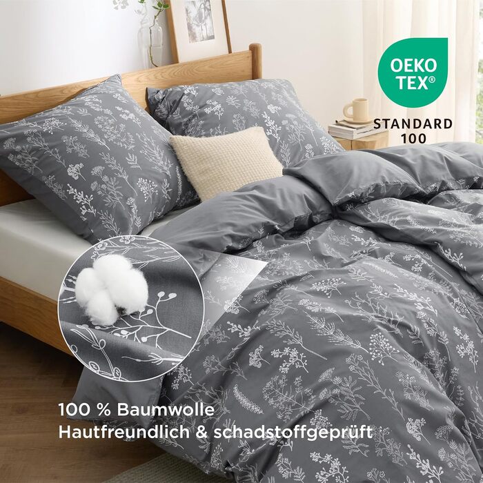 BEDSURE Комплект постільної білизни 135x200 з бавовни (4 частини) - сірий, з квітами, з блискавкою, ÖKO-TEX