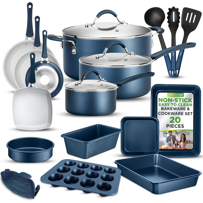 NutriChef 20-Piece Non-Stick Cookware Set, Pots & Pans Set & Baking Pans | PFOA/PFOS-Free | Cookware Set - Induction Pots & Pans, Round Cake Pan, Loaf Pan, Roasting Pan, Muffin Tin, Baking Sheet Marine Blue