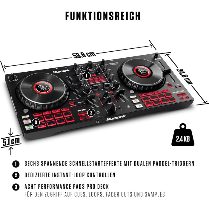 DJ контролер Numark NS4FX: 4 канали, Touch-Jogwheels, Pads, ефекти, Serato DJ Lite, чорний