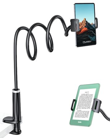 Гнучкий тримач-штатив для планшета та Kindle з гусячою шиєю, поворотна основа 360°, універсальна підставка для iPad, Samsung Galaxy Tab, смартфонів та Nintendo Switch (4,7-12,9 дюймів), чорно-сріблястий
