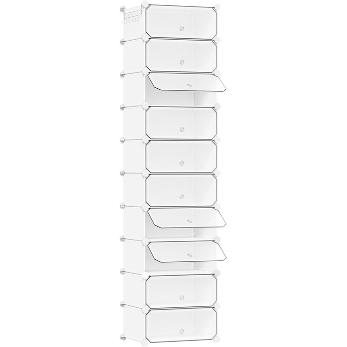 WOLTU Shoe Box, Shoe Storage, Set of 10, Stackable Design, for 20 Pairs, with Door, Hooks, 40x30x170 cm, White