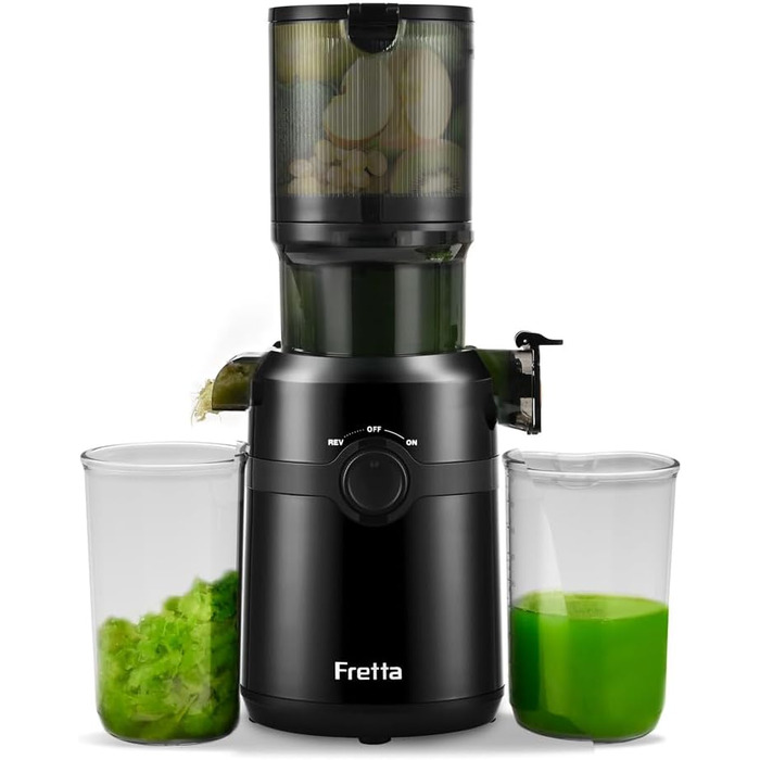 Fretta Slow Juicer with 108 mm Opening & 1L Capacity, Juicer for Vegetables and Fruits - Test Winner, 200W Electric Juice Press with Cold Press, Easy Cleaning and Quiet Motor, BPA-free (Black, 1L) 1L Black