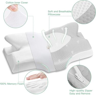Elviros Orthopedic Cervical Pillow made of Memory Foam, Removable Ergonomic Neck Roll for Neck and Shoulder Pain, Neck Support Pillow, 56 x 11/9 x 33 cm, Silver-Gray Silver Gray 54 x 11/9 x 33 cm