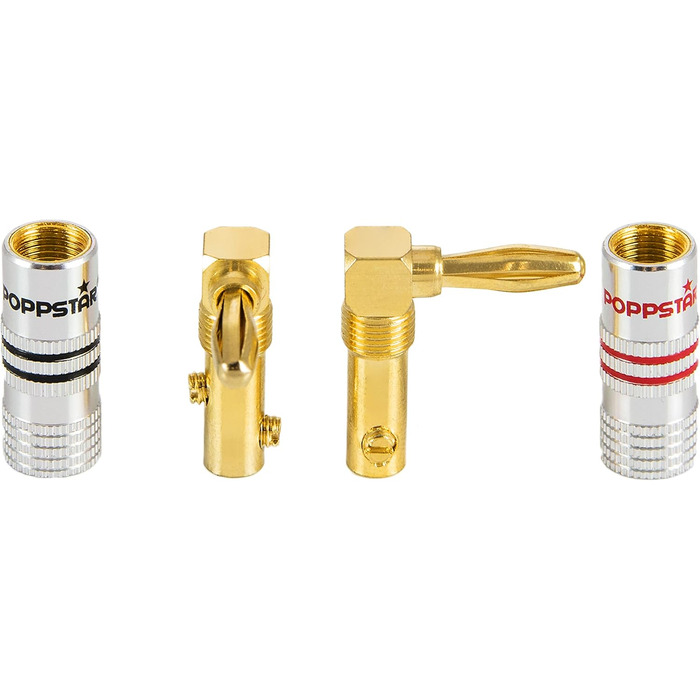 Комплект кутових бананових роз'ємів Poppstar High End (12 шт), 24K золоте напилення, для кабелів до 6 мм², червоні та чорні