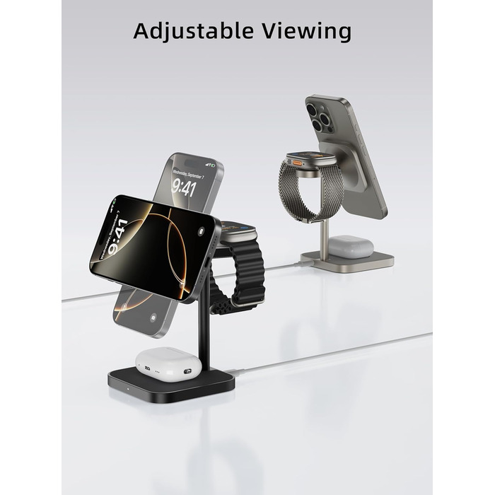 Станція зарядки LULULOOK Qi2 MagSafe 3-в-1 з алюмінію для Apple Watch та iPhone, 15W швидка зарядка для iPhone 17 Pro Max/17 Pro/17 Air/17, 5W для Apple Watch Ultra, AirPods, Титан (Чорний)