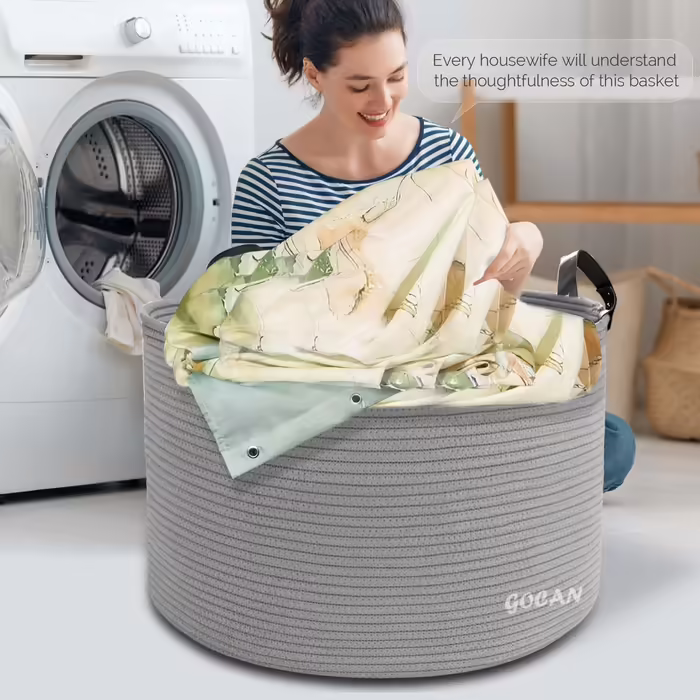GOCAN XXXL Storage Basket Large Woven Cotton Rope Laundry Basket Clothes Collector for Blankets, Pillows in the Living Room, Clothes, Toys in the Children's Room, Pure Grey, D55 x H35cm