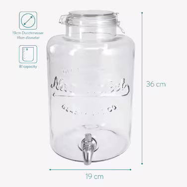 Navaris 8-Liter Glass Drink Dispenser - Stainless Steel Tap and Clamp Closure - Glass Beverage Container for Cold Drinks