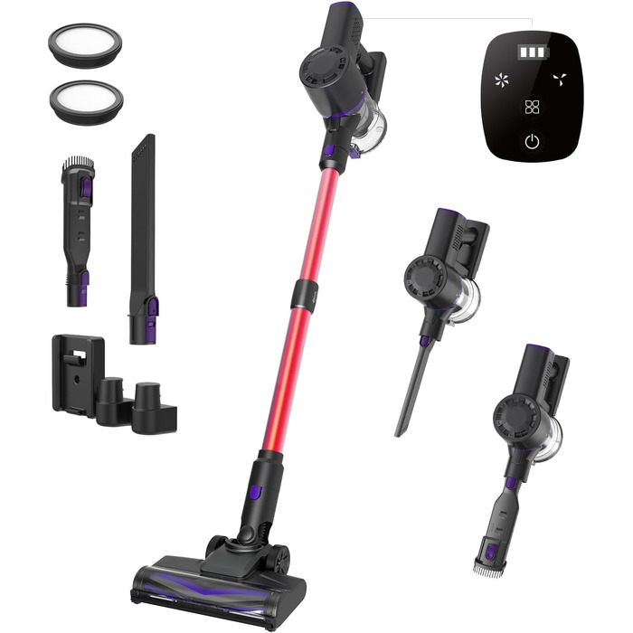 Бездротовий пилосос Vexilar V15Max з функцією миття підлоги, 60KPa/600W/60хв, гнучкий шланг, док-станція, GreenEye, насадка для твердих поверхонь та килимів, 1,5л, для видалення шерсті тварин (червоний)