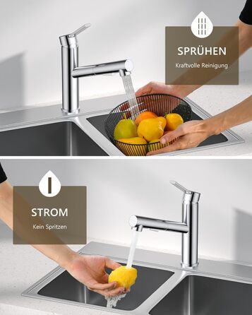 Змішувач кухонний DAYONE з висувною лійкою, нержавіюча сталь, 3 режими, 360° обертання, для кухонної мийки (15 см), матовий (хром, низький вигин-337)