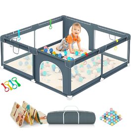 Дитячий манеж Laufstall 180x150 см з матрацом, 50 кульками, 4 ручками, блискавкою, кошиком і дихаючою сіткою, великий ігровий манеж для дітей з сумкою для зберігання, темно-сірий