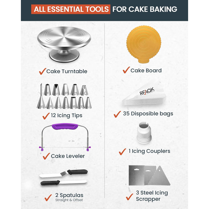 Набір для випічки тортів RFAQK 50-в-1: обертовий стіл, 12 підставок, цукрове декорування, вирівнювач 31.5 см