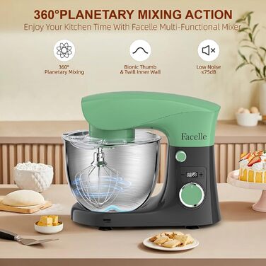 Кухонна машина/міксер Facelle 1500W з 5.5L та 4.5L чашами, 10+ програм, тиха робота, з набором насадок (зелено-сірий)