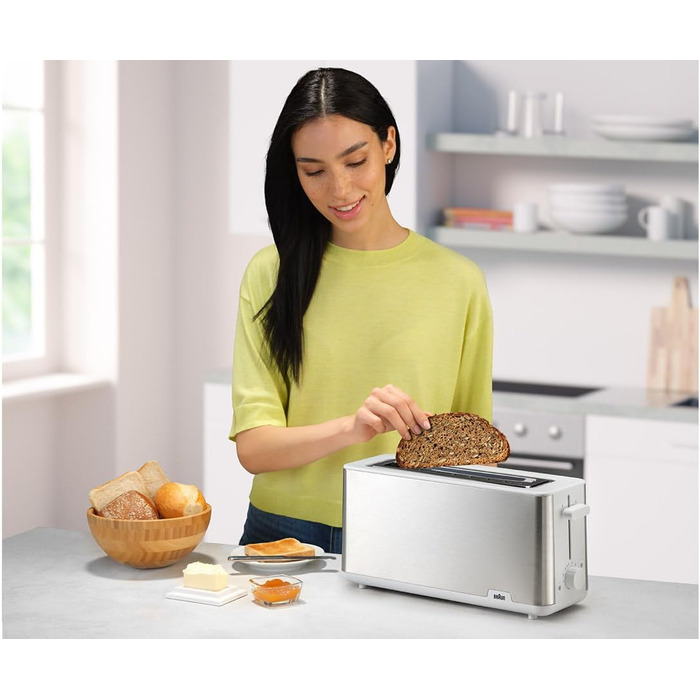 Braun Toaster PurShine HT 1610 WH, 25cm bread slots, 8 browning levels, reheat & defrost function, bread roll attachment, crumb tray, 1030W, White