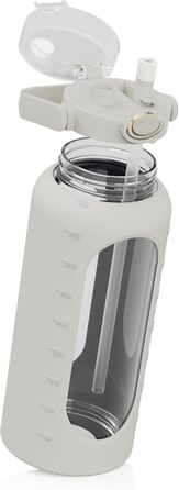 Glass Bottle 2 Liter - Drinking Bottle 2L Glass with Straw - Large Water Bottle with Silicone Sleeve - Leak-proof - Dishwasher-safe - BPA-free (Gray)