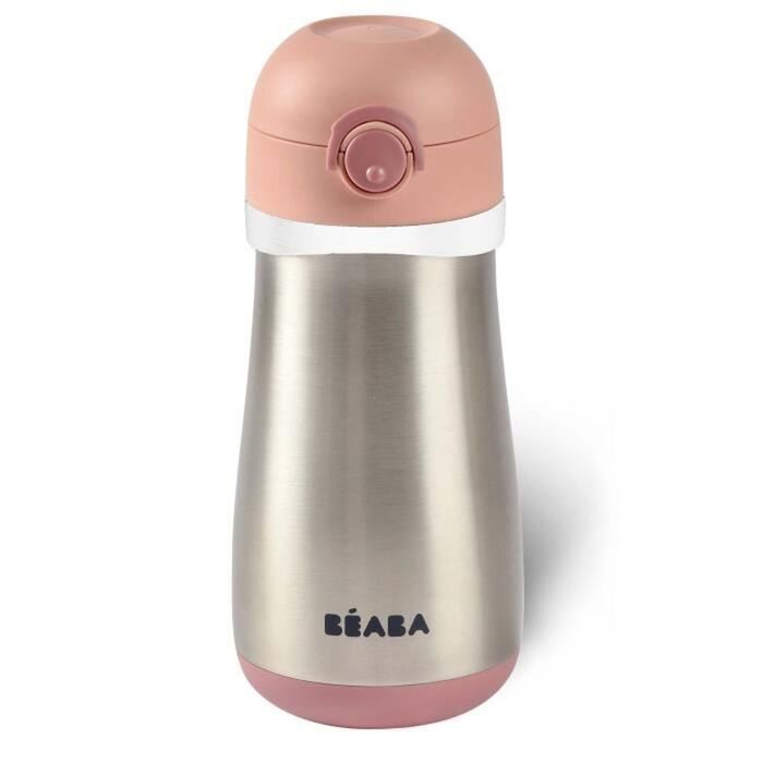 BÉABA, 2-in-1 Stainless Steel Kids' Drinking Bottle, Bottle/Glass Functionality, Push-Button for Easy Opening, Stable, Healthy, Detachable Handles, Stainless Steel Cold/Warm Insulation Function, 350ml, Old Pink