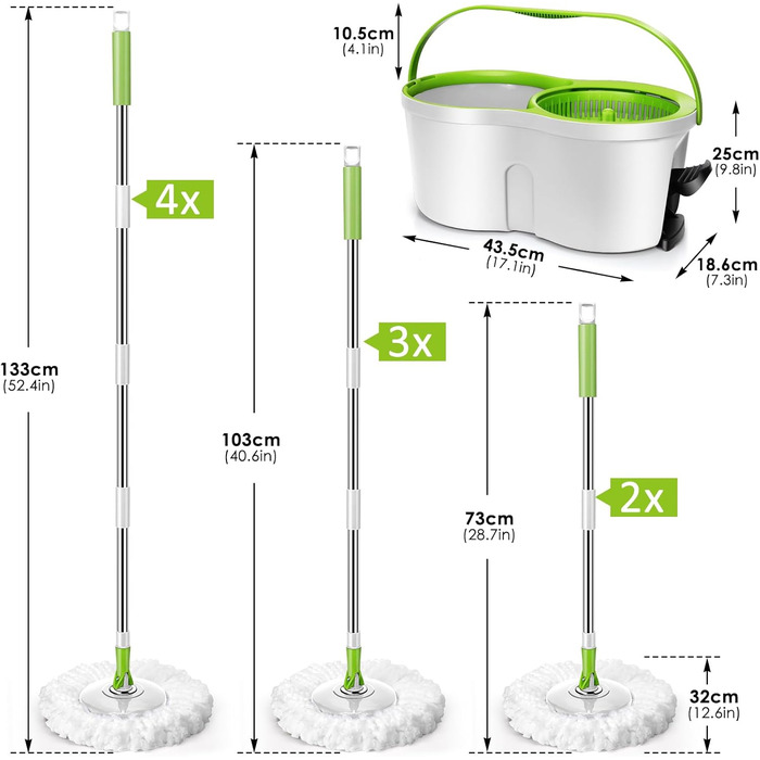 Набір для миття підлоги з відром, 2 в 1: відро для миття з віджимом та моп, моп з педальним віджимом, регульована сталева стійка та 3 мікрофібрових насадок, набір для миття підлоги, відро з педальним віджимом, білий + жовто-зелений