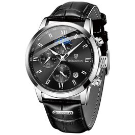 Годинник чоловічий LIGE, Хронограф, Аналоговий кварц, Ремінець зі шкіри, Календар, Світлодіодне підсвічування, Водостійкий 3ATM, Чоловічий годинник для бізнесу та відпочинку, Чорний