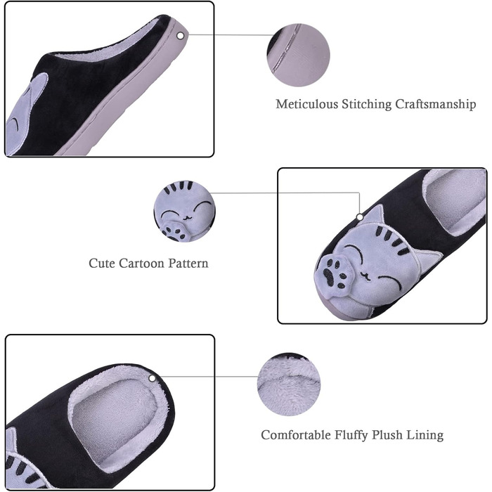 Чоловічі та жіночі тапочки Shaine з бавовни з котиком, теплі, плюшеві, антиковзні, зручні, чорні, 36/37 EU