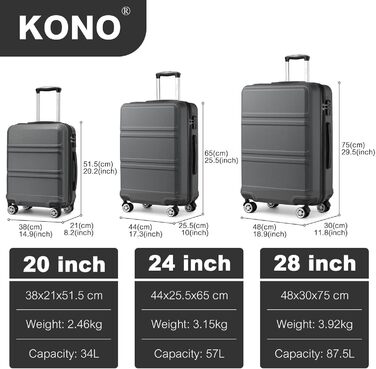 Валіза KONO 24 дюйми з TSA-замком, 4 колеса, ABS, 65×44×25.5 см, кремово-білий (сірий), 3-частинний набір