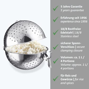 Westmark Rice Ball – practical sieve for cooking rice, ideal for preparing sushi, jasmine or basmati rice, also usable as a spice sieve – stainless steel, 1 liter