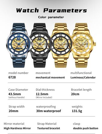 Чоловічий годинник OLEVS 6728 з автопідзаводом: механічний турбійон, водонепроникний, сталевий ремінець та підсвітка, чорний колір