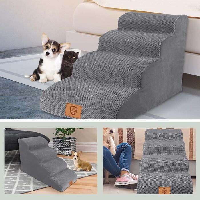 4-Step Dog Stairs, 50cm High Sponge Pet Stairs for Dogs and Cats, Non-Slip Pet Ladder Cat Stairs with Washable Cover for Sofa Bed, Grey