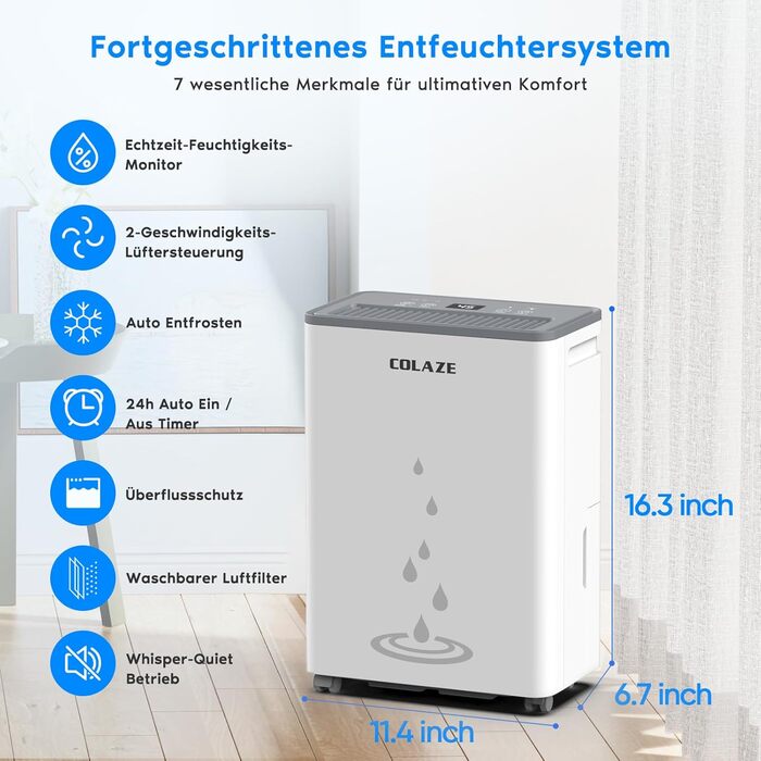 Електричний осушувач повітря COLAZE 20 л/24 год, для дому, підвалу, вітальні, 150 м³ (50 м²), тихий, для квартири