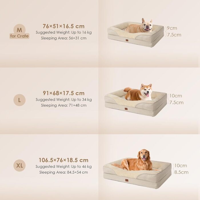 Orthopedic Dog Bed for Large Dogs, Memory Foam, Washable and Waterproof Dog Basket with 4 Sides, Dog Sofa Dog Couch, Non-Slip, 106.5x76x18.5 cm (91 x 68 x 17.5 cm (L x W x H), Beige)