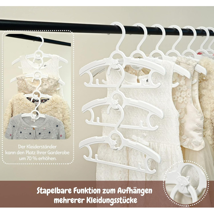24 дитячі вішалки для одягу: економія місця, регульовані, 27.5-37 см, з гачками для штабелювання, неслизькі, для малюків та школярів, білі (24 шт.)