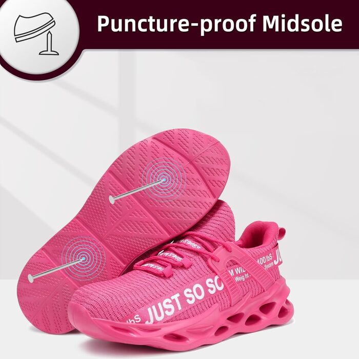 Зручні робочі черевики Furuian для чоловіків та жінок. Легкі, спортивні, дихаючі кросівки зі сталевим підноском, неслизька підошва. Розмір 45 EU, колір рожевий.