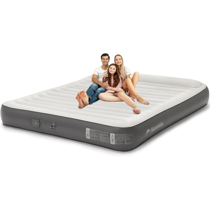 Надувний матрац Naturehike 2 персони з електричним насосом, 200x150x25 см. Самостійно надувний, преміум-якість, для кемпінгу та дому. Колір: сірий з подушками (3 персони)