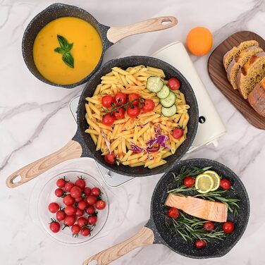 Набір сковорідок JEETEE 6-ти частинний з кришкою, 20/24/28 см, індукційні, з антипригарним покриттям, для всіх плит, PFOA-free (сірий)