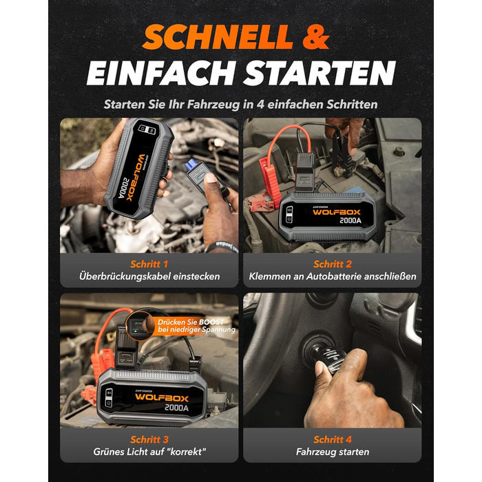 Powerbank WOLFBOX для запуску авто: 2000A, 12V, для бензину/дизеля (10L), LED-ліхтар, великий екран, кабель, бустер для SUV, вантажівок, мотоциклів