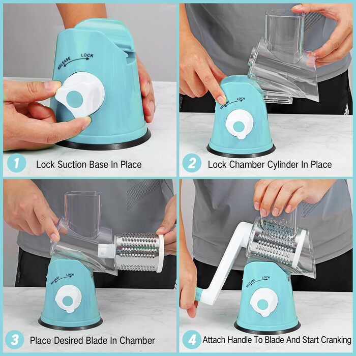 Ручна тертка для сиру та овочів Diealles Shine з ручкою, 3 змінні леза з нержавіючої сталі, для сиру, овочів, горіхів, кави (блакитна)