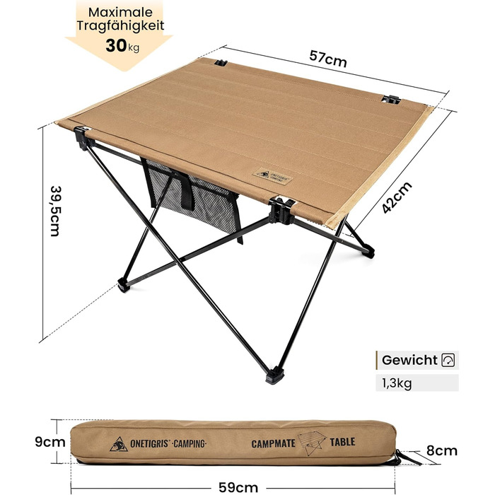 OneTigris CAMPMATE Стіл для кемпінгу складний, легкий, на 30 кг, Kojote Brown