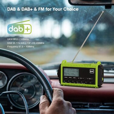 Радіоприймач Kurbelradio з DAB+/DAB/UKW, акумулятор 5000mAh, ліхтарик, SOS-сигнал, зарядка USB, динамо, FM, для кемпінгу та подорожей
