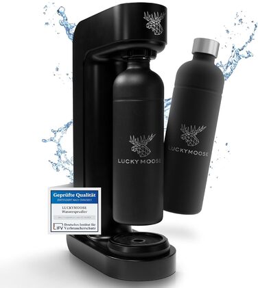 Газова машина Infinity з 2 пляшками по 1,25 л з нержавіючої сталі - економія до 25% CO2 завдяки автоматичній зупинці, пляшки придатні для миття в посудомийній машині та без терміну придатності. Чорний колір.