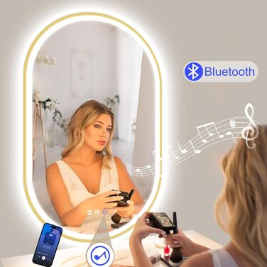 Дзеркало для ванної кімнати STARLEAD овальне LED з підсвічуванням 90x60 см, Bluetooth, диммер, 3 кольори світла, протитуманне покриття, функція пам'яті, HD скло, IP44, горизонтальне/вертикальне, без рамки, Munich Gold (Bluetooth)