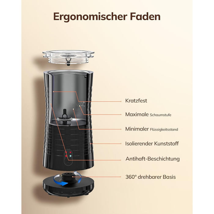 Електричний піноутворювач для молока Morpilot, 650W, нержавіюча сталь, 240мл, для гарячого та холодного молока, шоколаду, миється в посудомийній машині