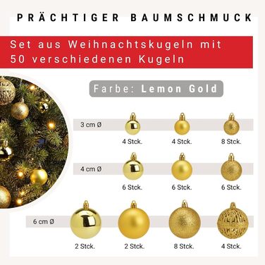 Набір прикрас для ялинки WOMA: 50 кульок різних кольорів (Lemon Gold) - пластикові ялинкові прикраси